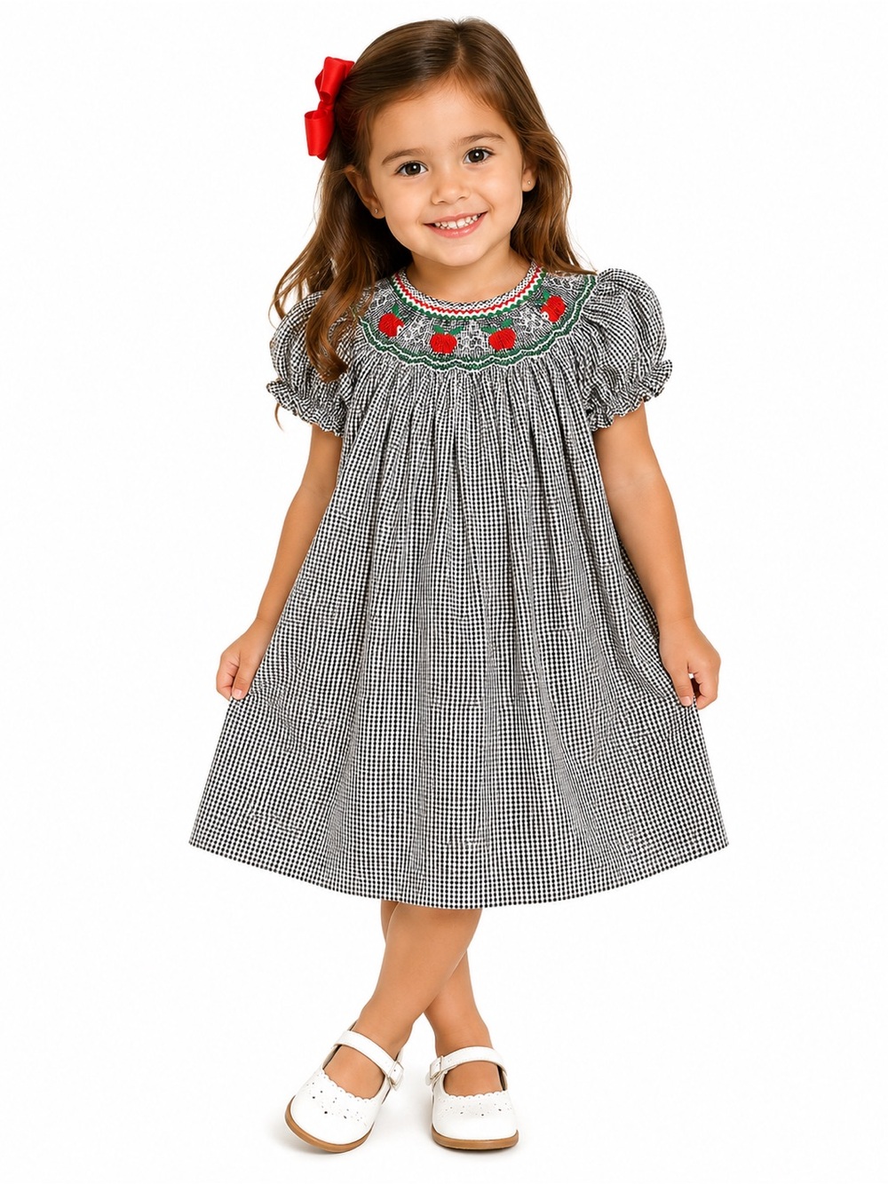 Hand Smocked Apple  Black & White Gingham Smocked Dress with Red Floral Trim